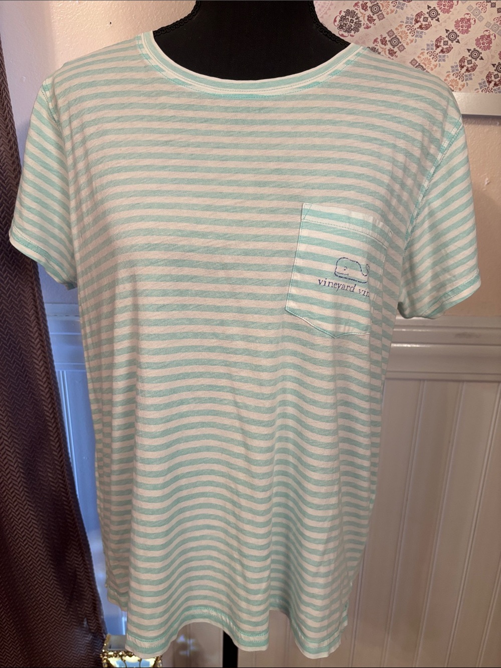 Vineyard Vines Mint Green & White Striped Pocket Tee